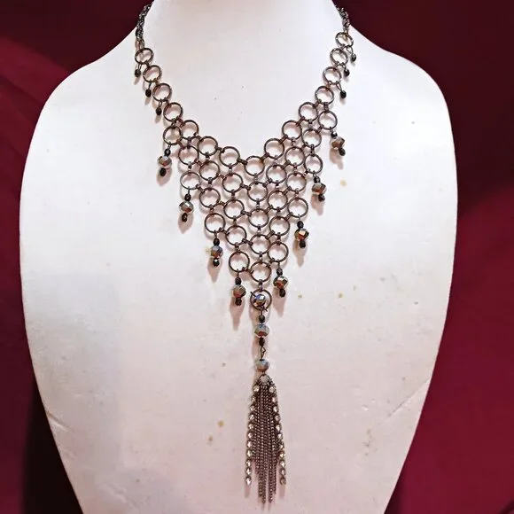 Handmade Gunmetal Rings Black Hematite Bead Bib Statement Necklace Tassel Fringe - Picture 12 of 12